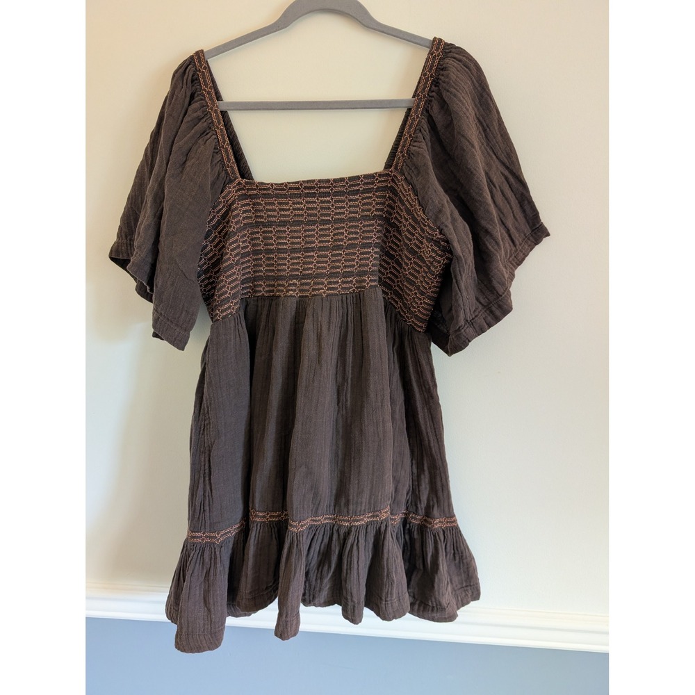 Free People Brown Easy To Love Bubble Mini Dress Smocked Gauzey Embroidered XL
